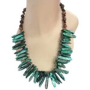 Abalone Shell Necklace Green Paua Artisan Unakite Stones Tribal Spike Statement